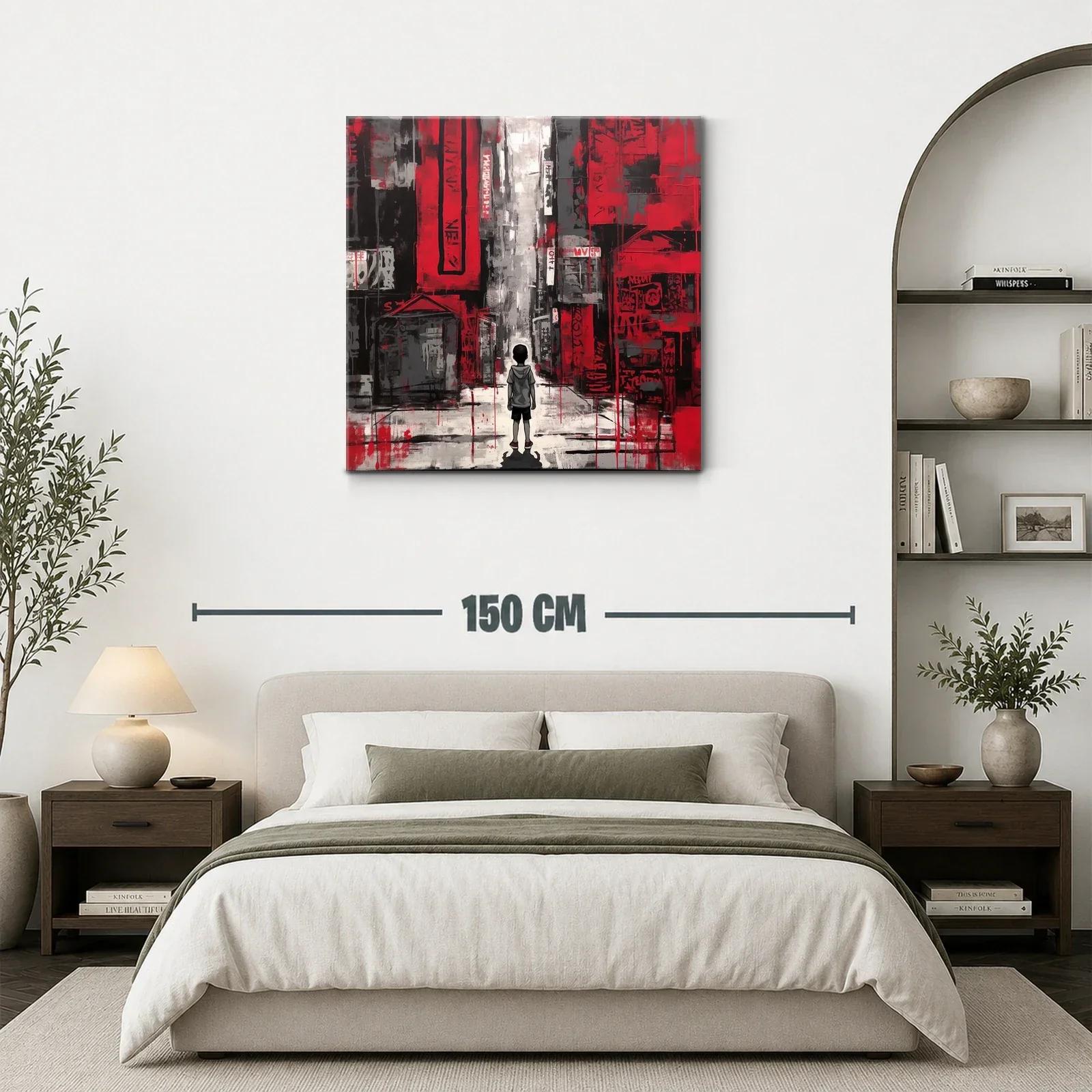 Escena urbana con niño en tonos rojos y grises vibrantes — miniatura 3
