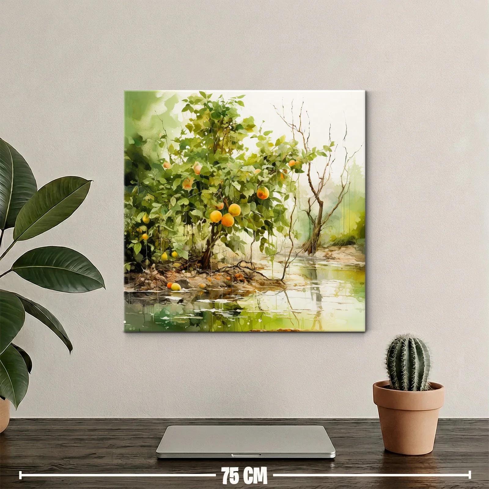 Cuadro paisaje natural con árboles y frutos en tonos verdes y naranjas — miniatura 2