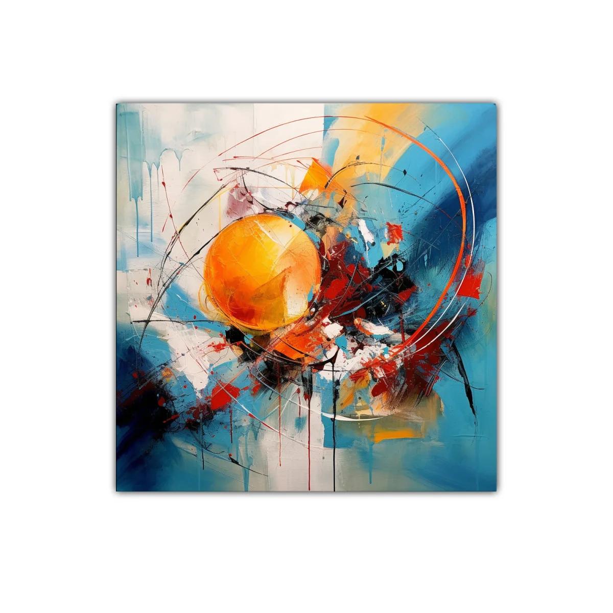 Cuadro Abstracto con Esferas y Dinámicas Líneas en Azul y Naranja — imagen principal