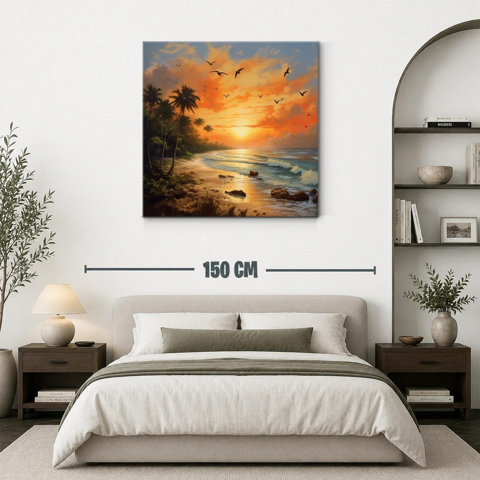 Atardecer tropical con palmeras y aves en vuelo — miniatura 3