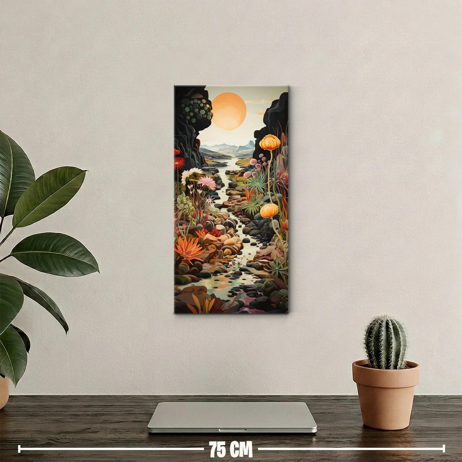Cuadro paisaje de arroyo entre rocas oscuras y flores — miniatura 2