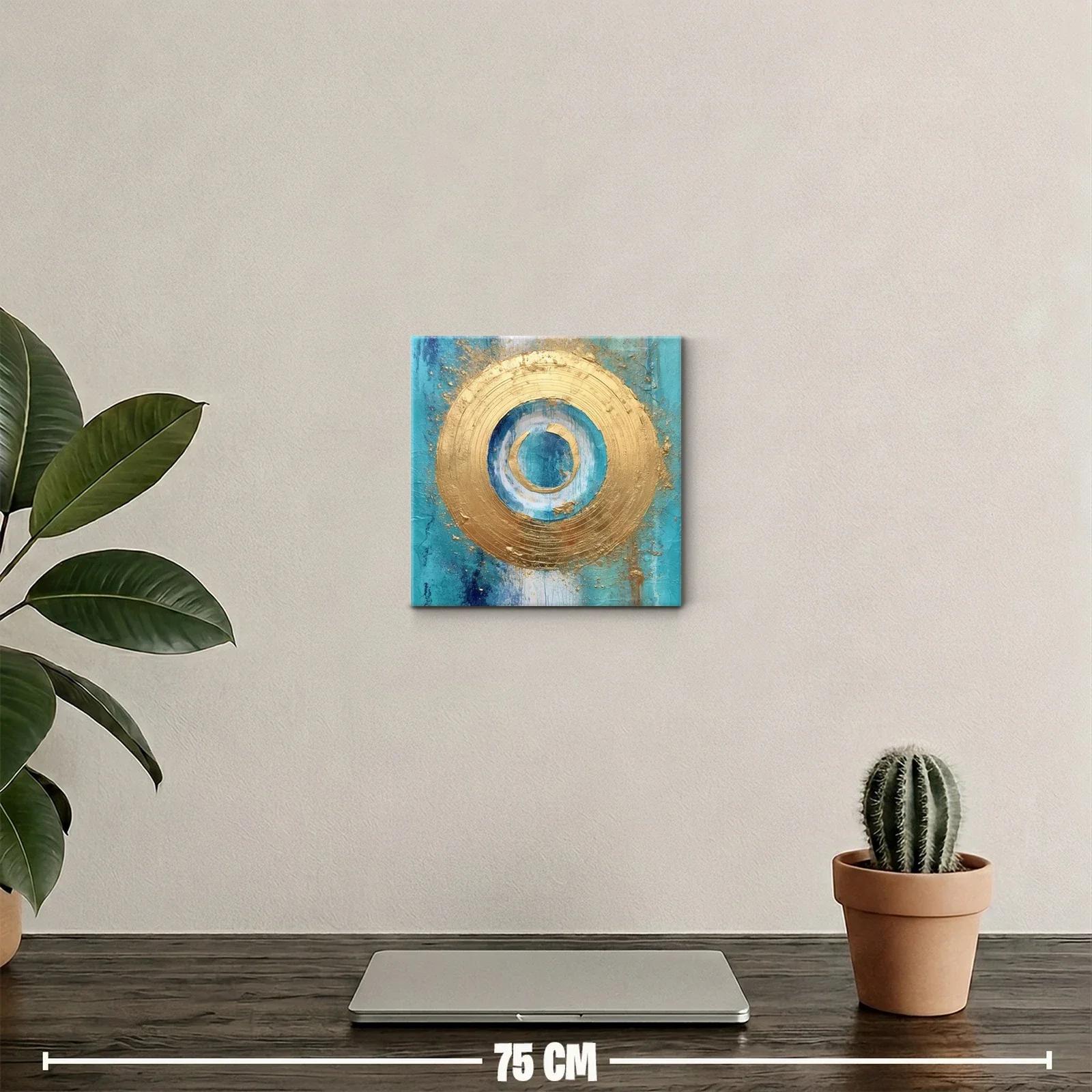 Cuadro abstracto con círculos dorados y fondo turquesa — miniatura 2