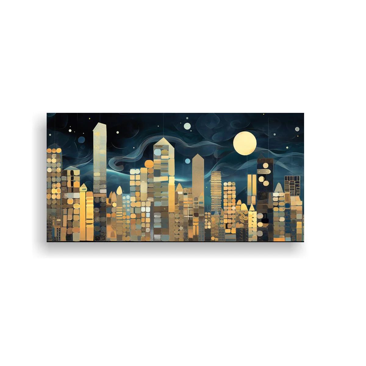 Cuadro skyline urbano nocturno con luna llena — imagen principal