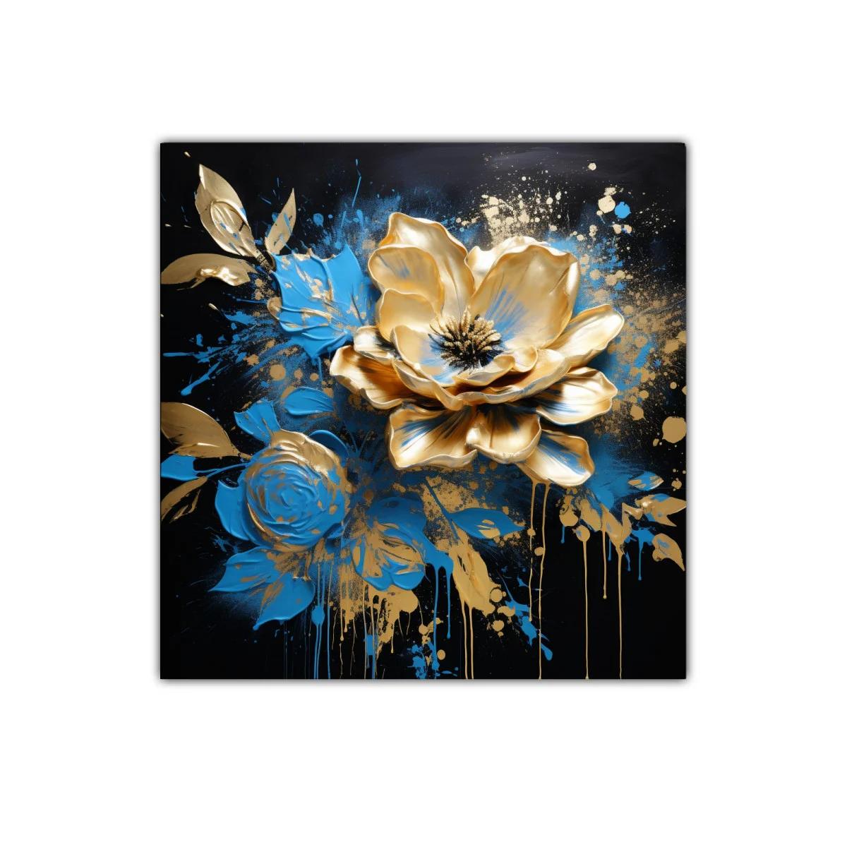 Flores doradas y azules en fondo oscuro vibrante