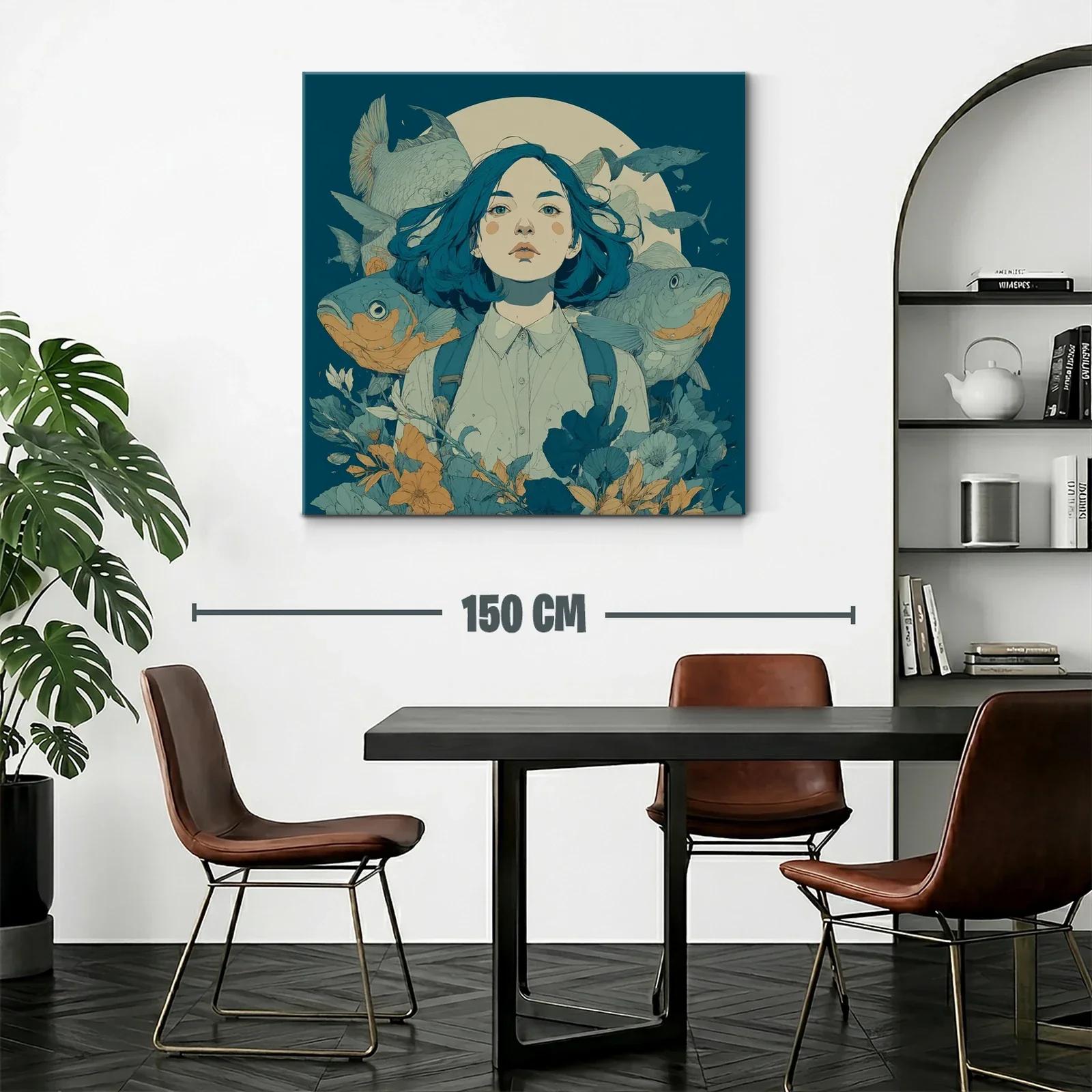 Retrato femenino con peces y flores en tonos azulados — miniatura 2