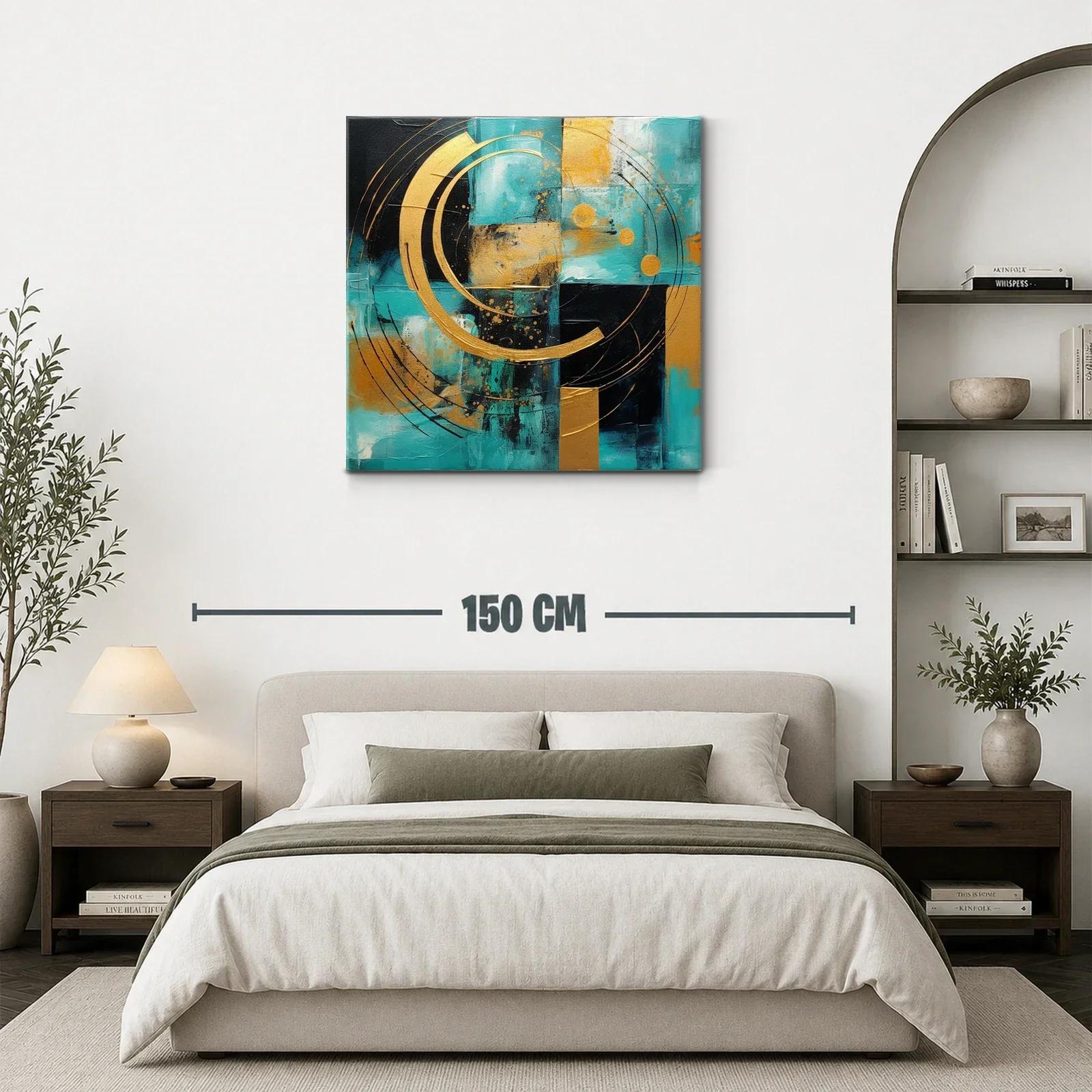 Cuadro abstracto con círculos dorados sobre fondo turquesa y negro — miniatura 3