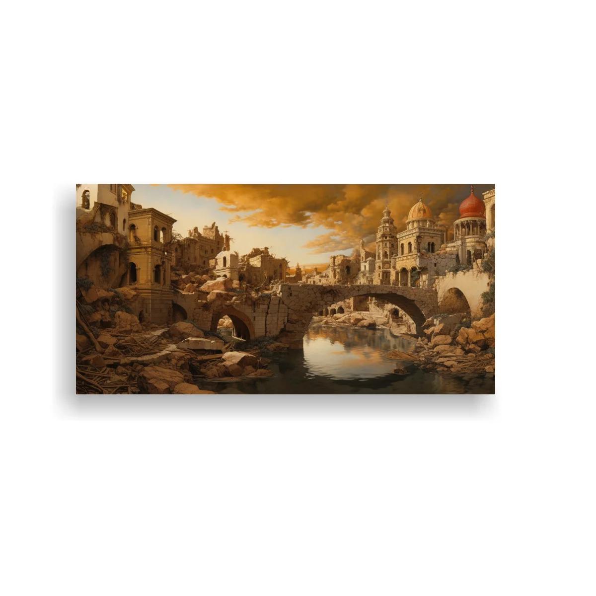 Cuadro ciudad en ruinas junto a un canal con puente de piedra — imagen principal