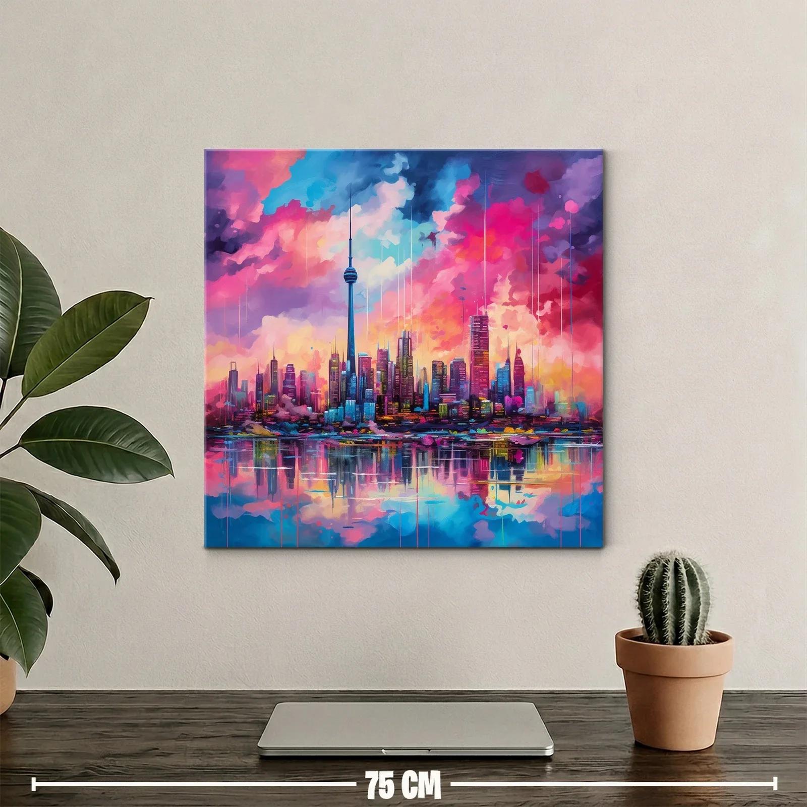 Atardecer vibrante sobre ciudad moderna y reflejos en agua — miniatura 2