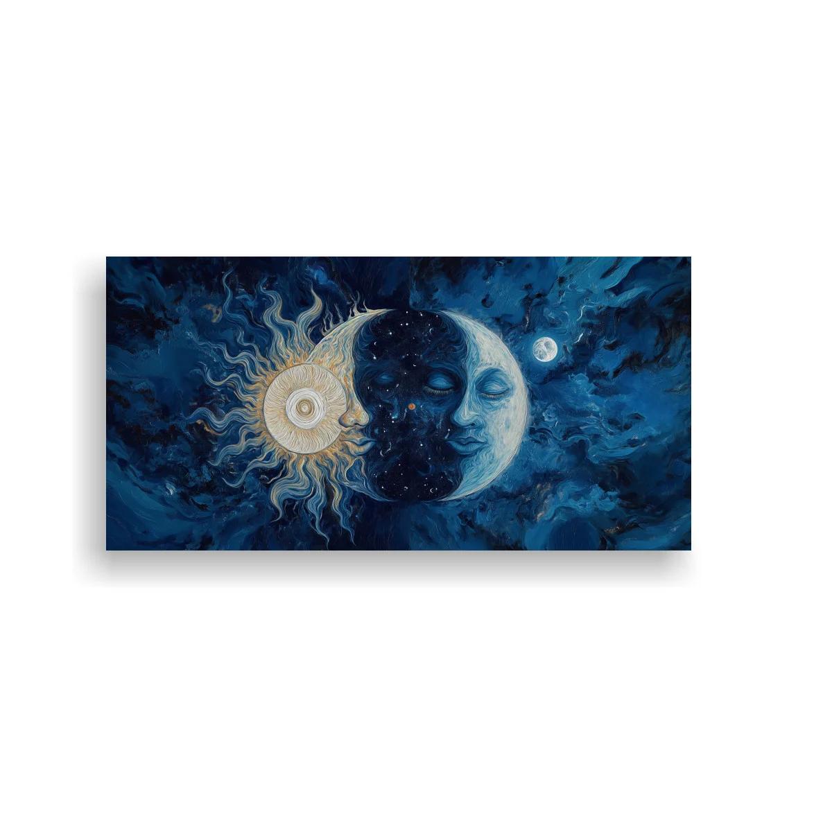 Cuadro sol y luna con rostros fusionados y cielo oscuro — imagen principal