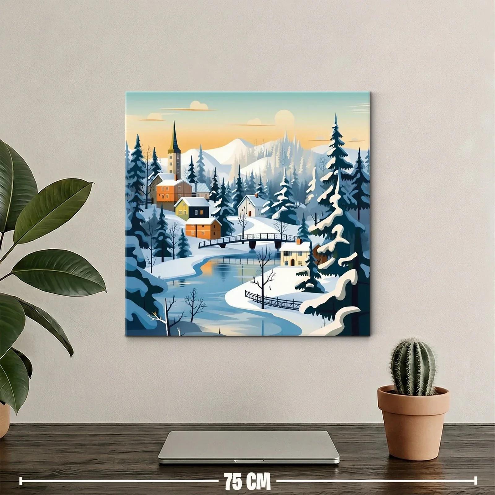 Paisaje invernal con puente y casas de montaña — miniatura 2