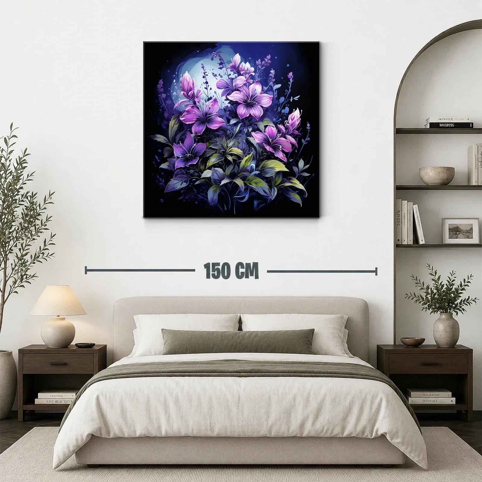 Cuadro floral con lirios violetas en fondo oscuro y luz mágica — miniatura 3