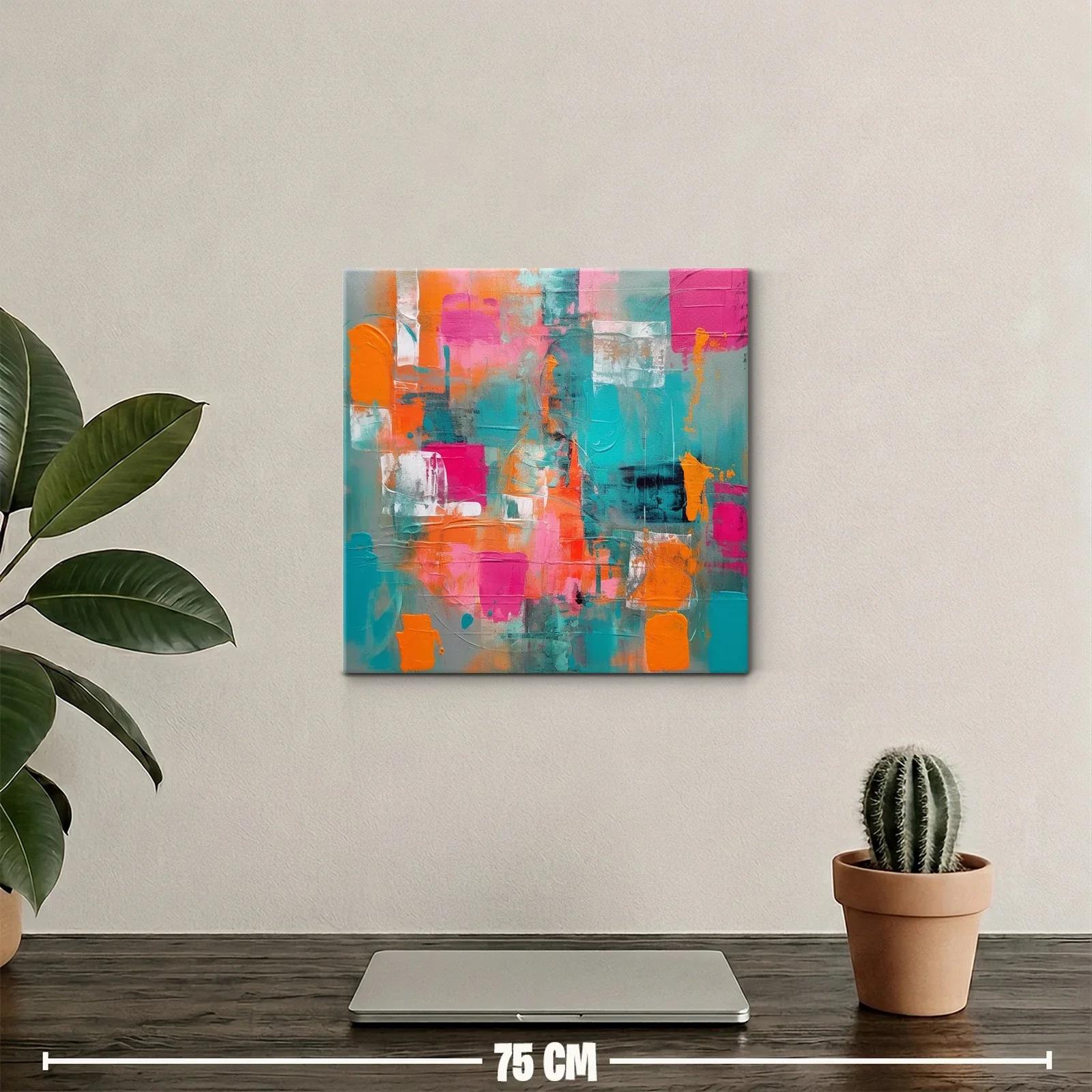 Cuadro abstracto con vibrantes tonos turquesa naranja y rosa — miniatura 2