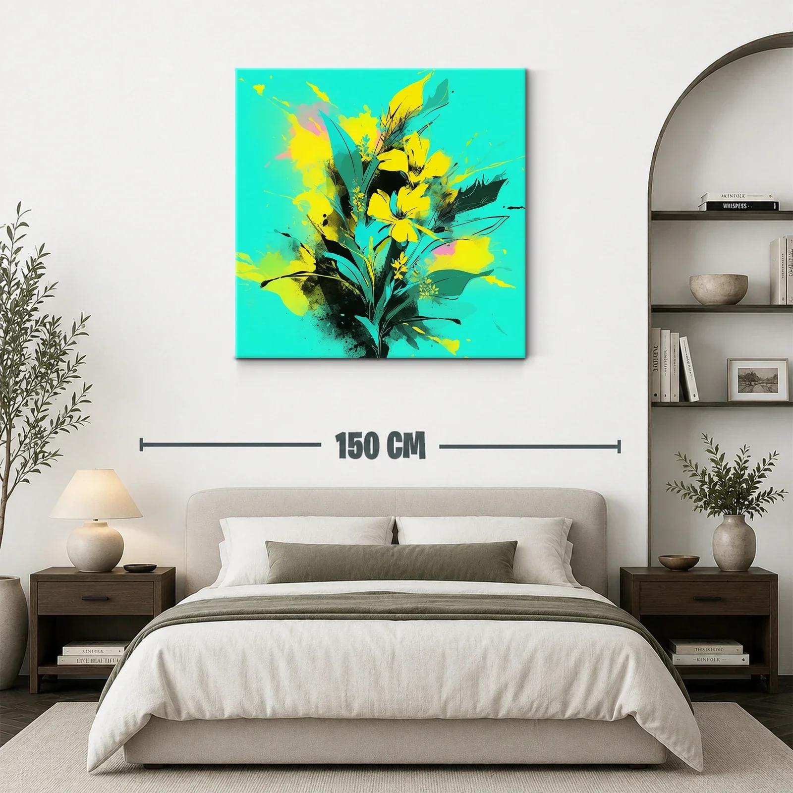 Cuadro moderno con flores amarillas vibrantes y fondo turquesa — miniatura 3