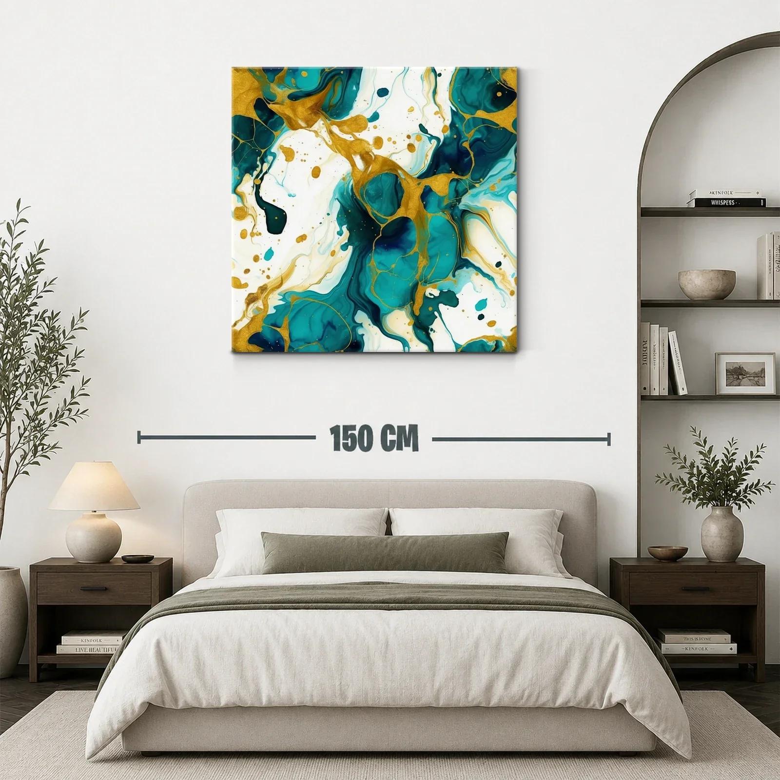 Cuadro abstracto con tonos turquesa y dorados vibrantes — miniatura 3