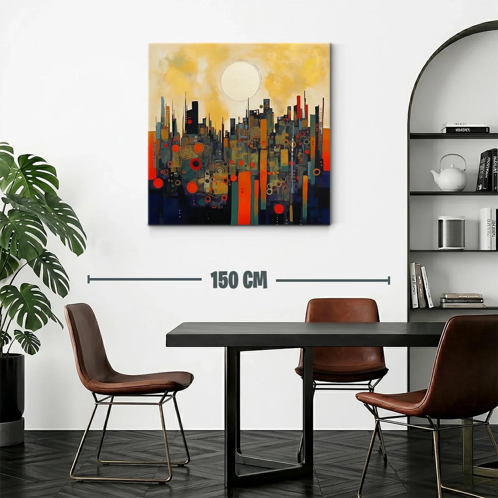 Cuadro abstracto paisaje urbano con círculo dorado — miniatura 2