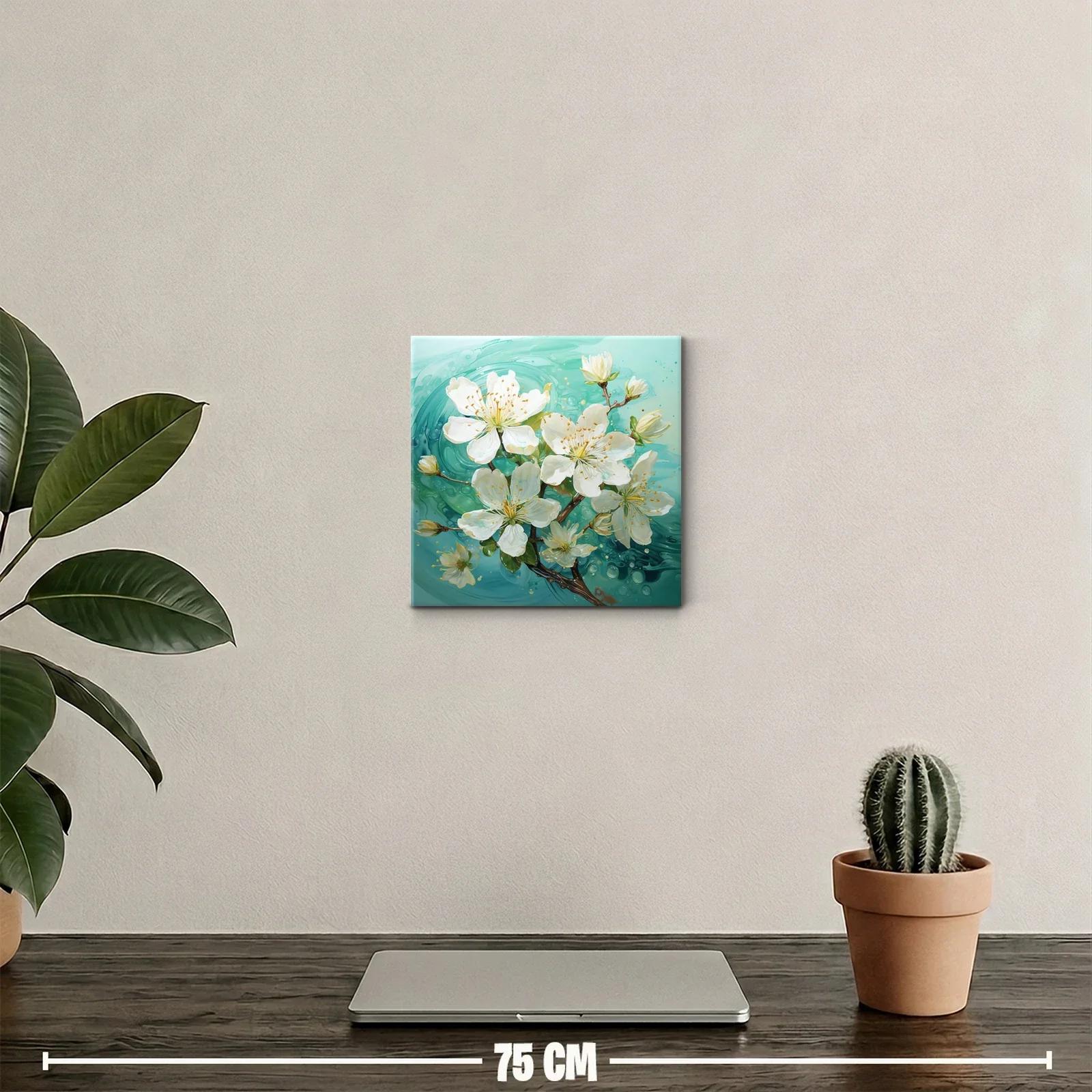 Cuadro decorativo con flores blancas sobre fondo turquesa — miniatura 2