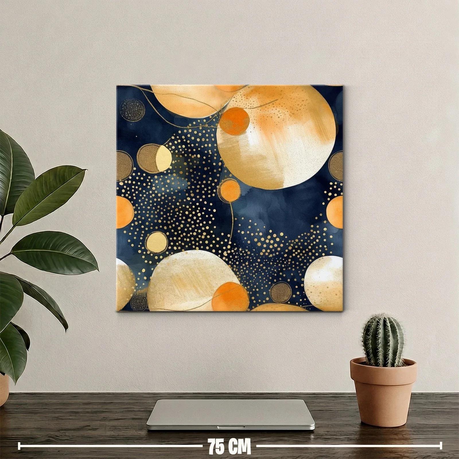 Cuadro abstracto con esferas doradas y azul profundo — miniatura 2