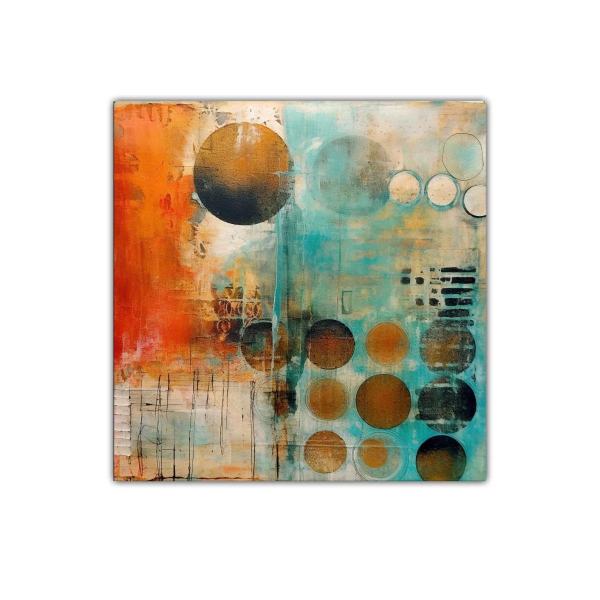 Cuadro abstracto con círculos en tonos cálidos y turquesa — miniatura 1