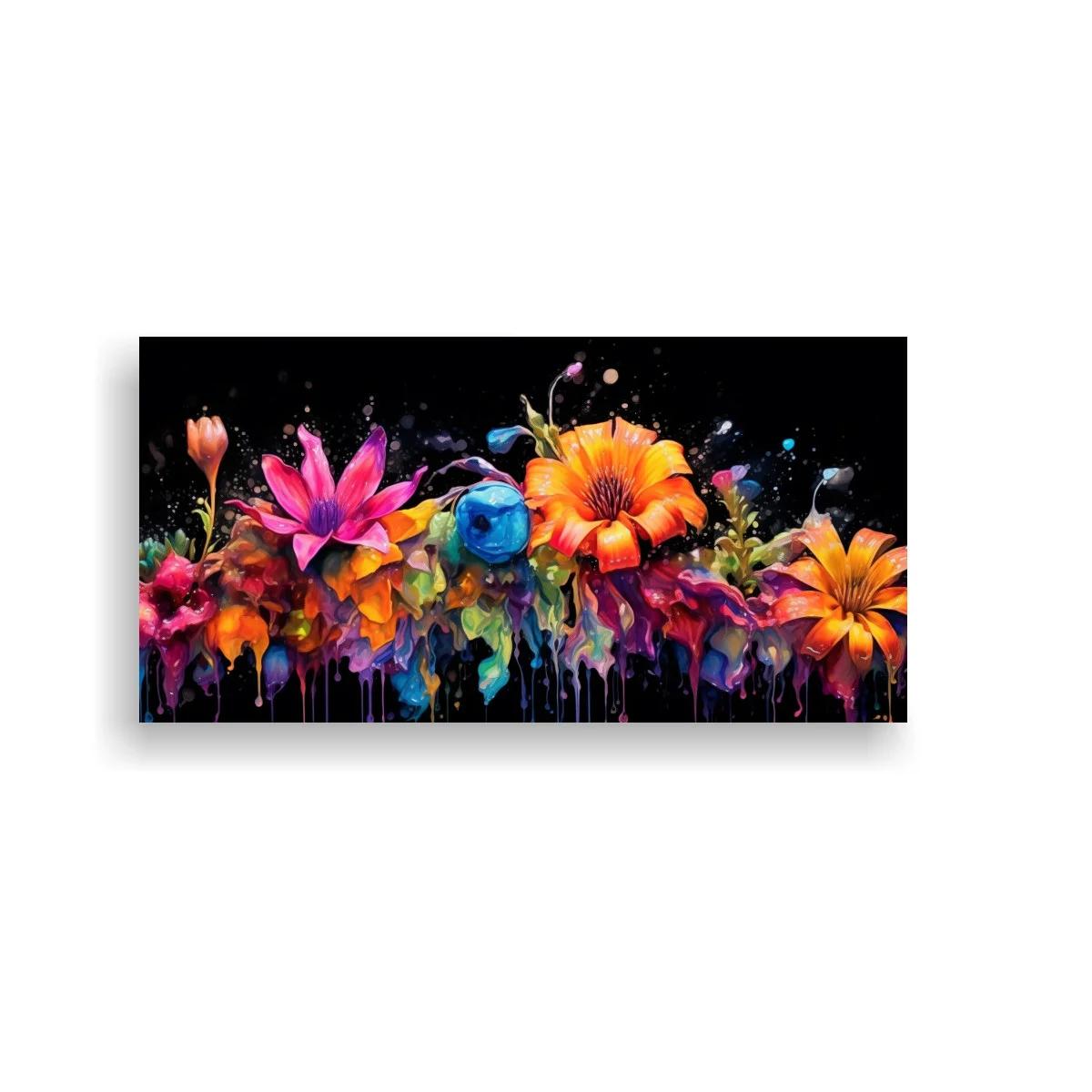Cuadro ramo de flores multicolor con fondo negro y goteos — imagen principal
