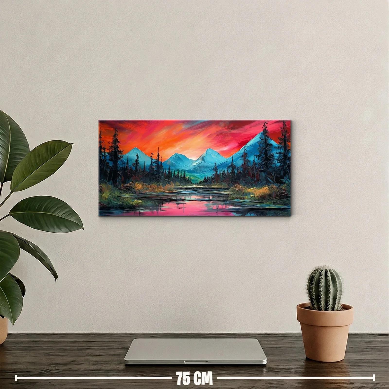 Cuadro paisaje de montañas con lago y reflejos intensos — miniatura 2