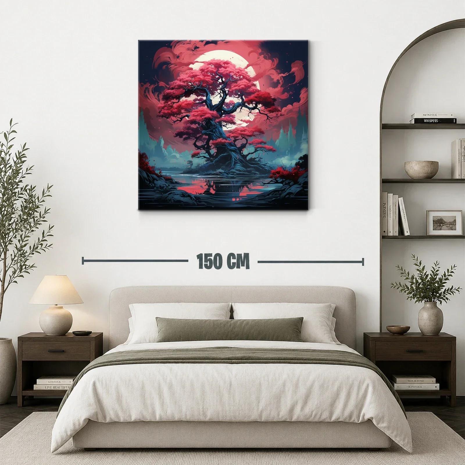 Árbol mágico con hojas rojas bajo luna llena brillante — miniatura 3
