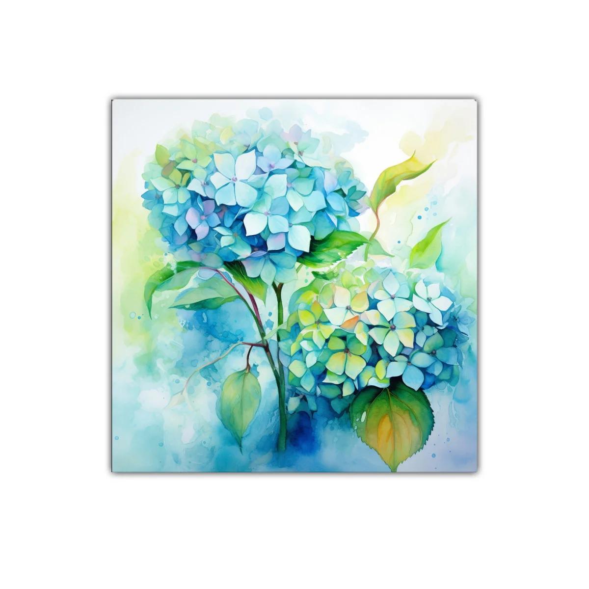 Cuadro decorativo de hortensias en tonos azules y verdes