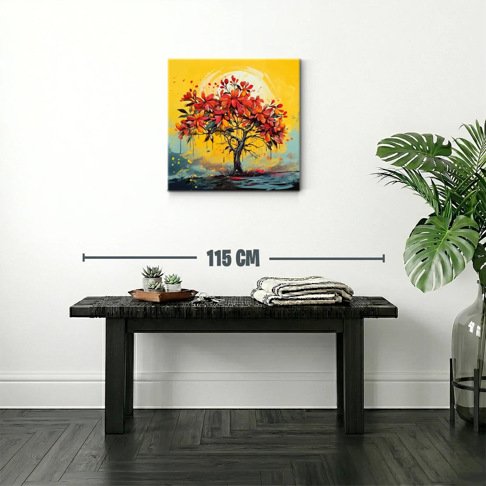 Árbol vibrante con flores rojas sobre fondo amarillo cálido — miniatura 2