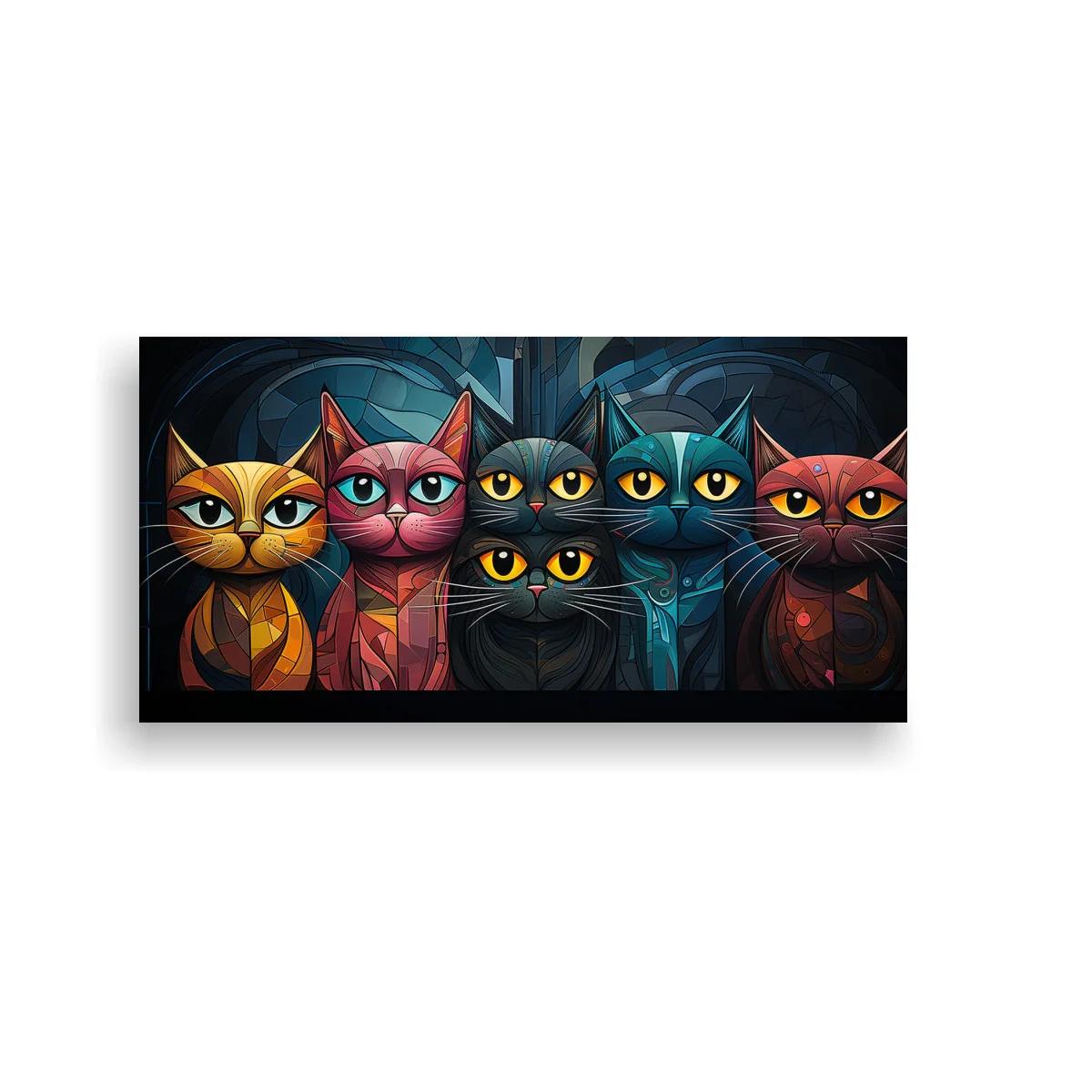 Cuadro grupo de gatos de ojos grandes con caras geométricas — imagen principal