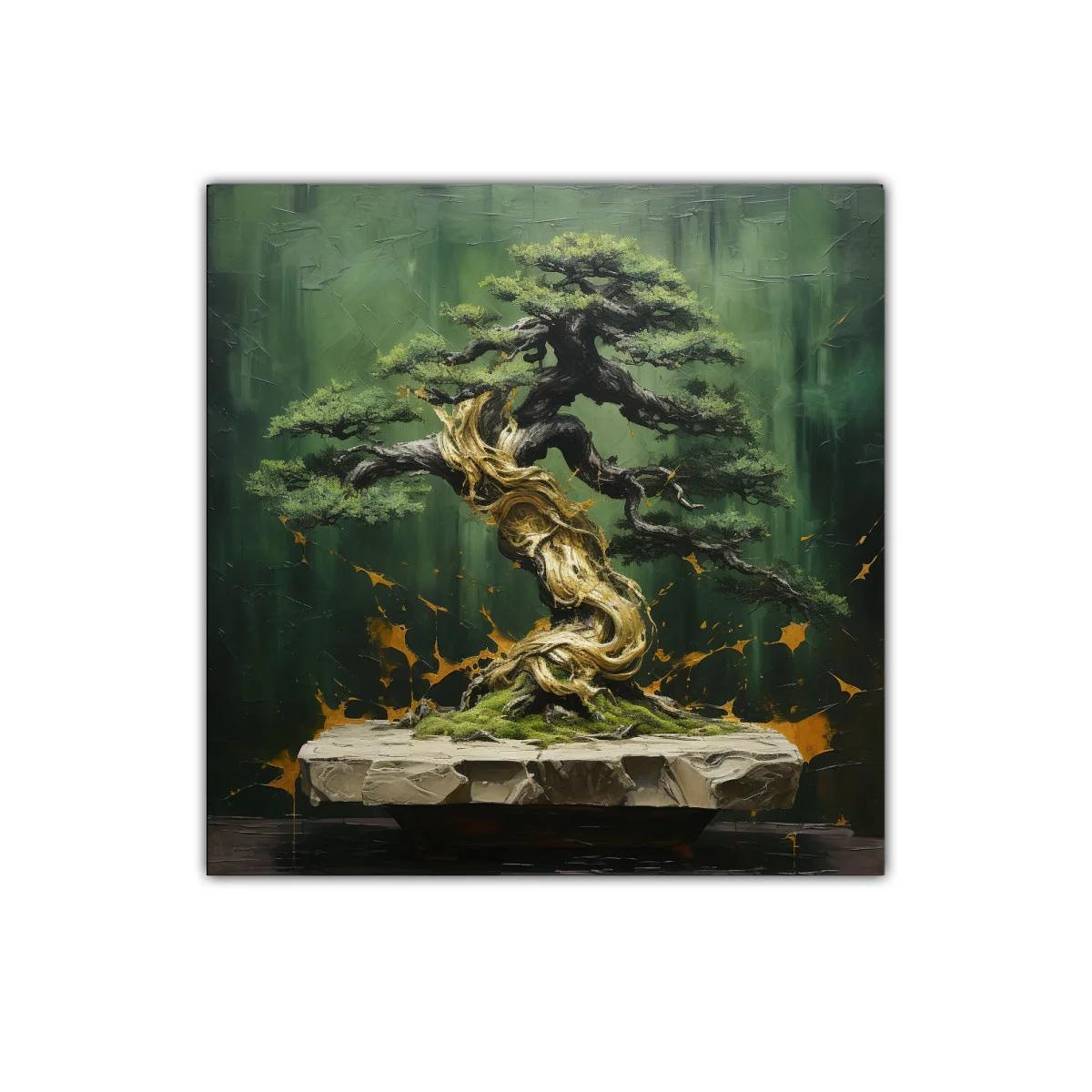 Cuadro árbol bonsái con tonos verdes y dorados — miniatura 1
