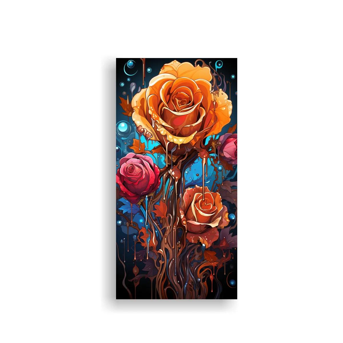 Cuadro rosa naranja con tallos fluidos y brillos azules — imagen principal