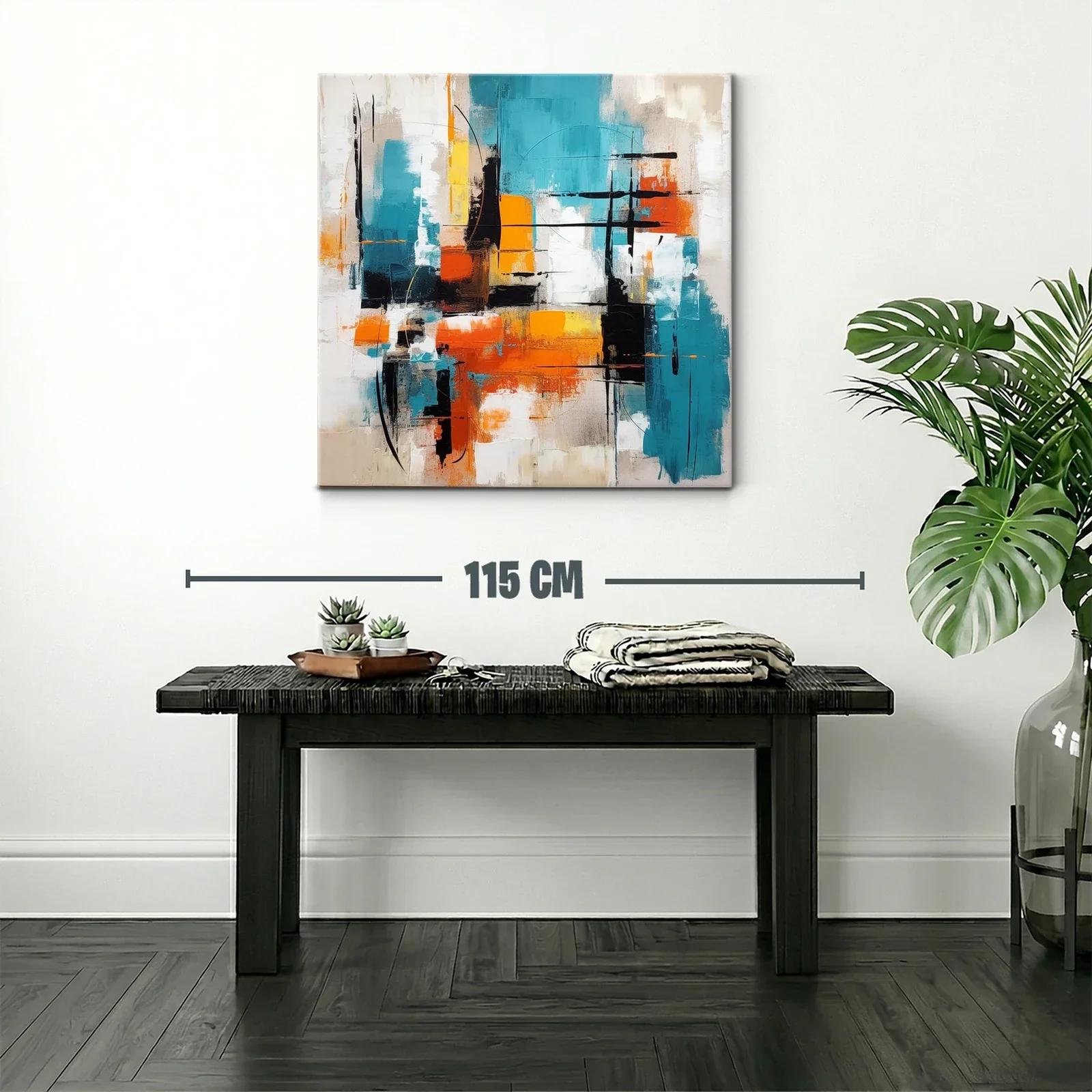 Cuadro abstracto vibrante con tonos turquesa y naranja — miniatura 2