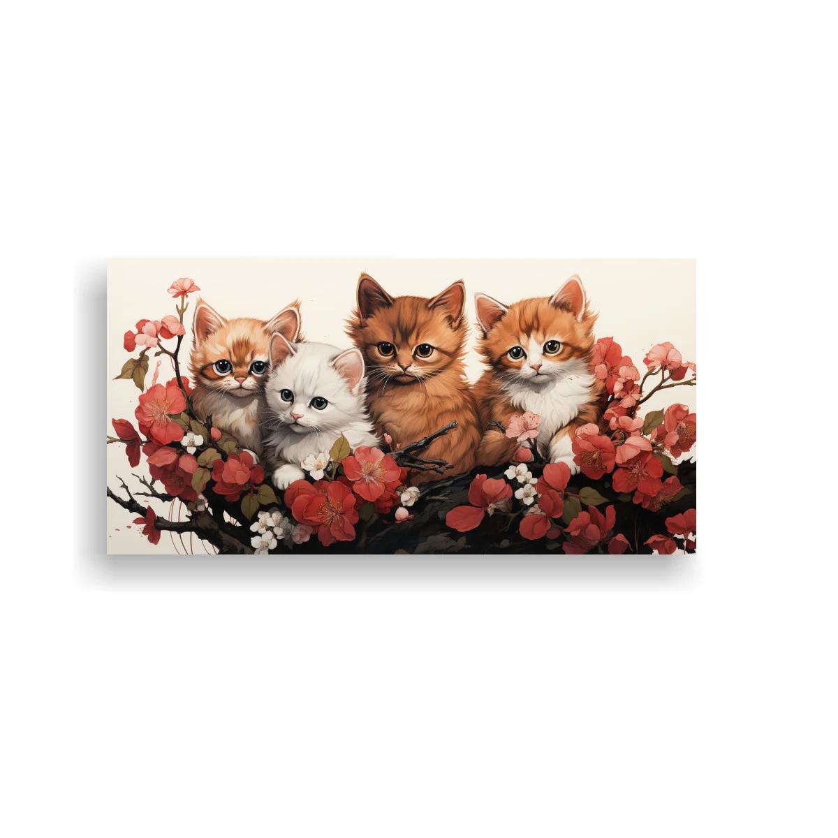 Cuadro cuatro gatitos entre flores rojas