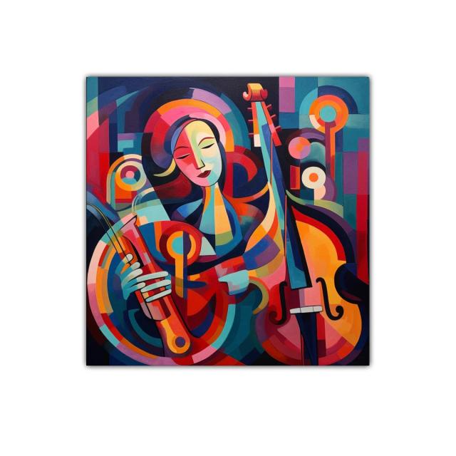 Cuadro colorido con músico y instrumentos abstractos