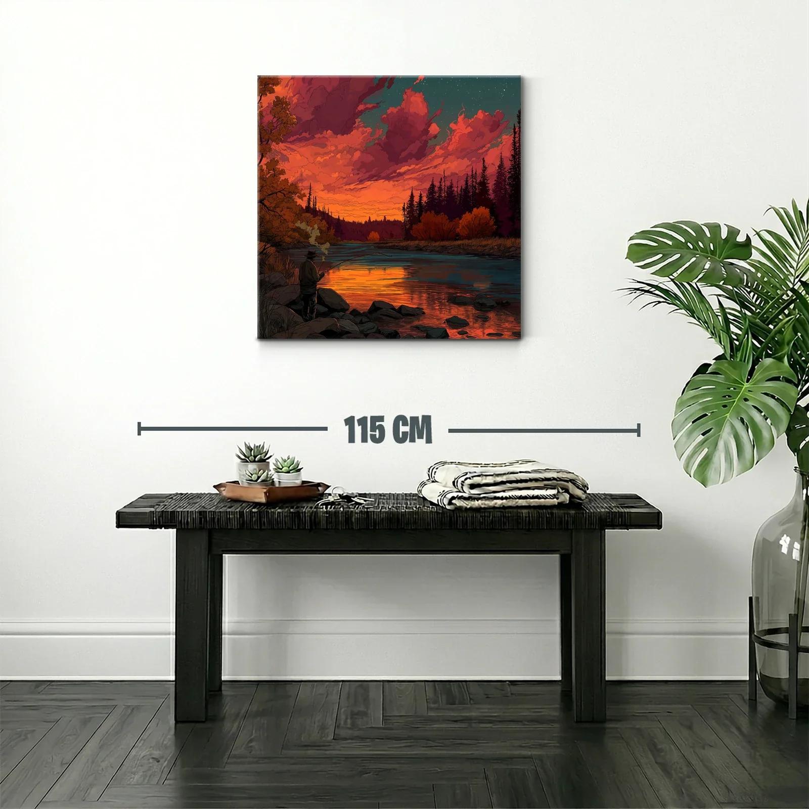 Puesta de sol vibrante en río con pescador solitario — miniatura 2