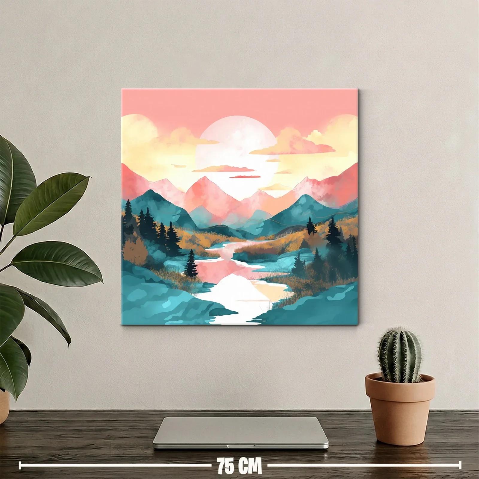 Paisaje sereno con montañas y río en tonos cálidos y fríos — miniatura 2