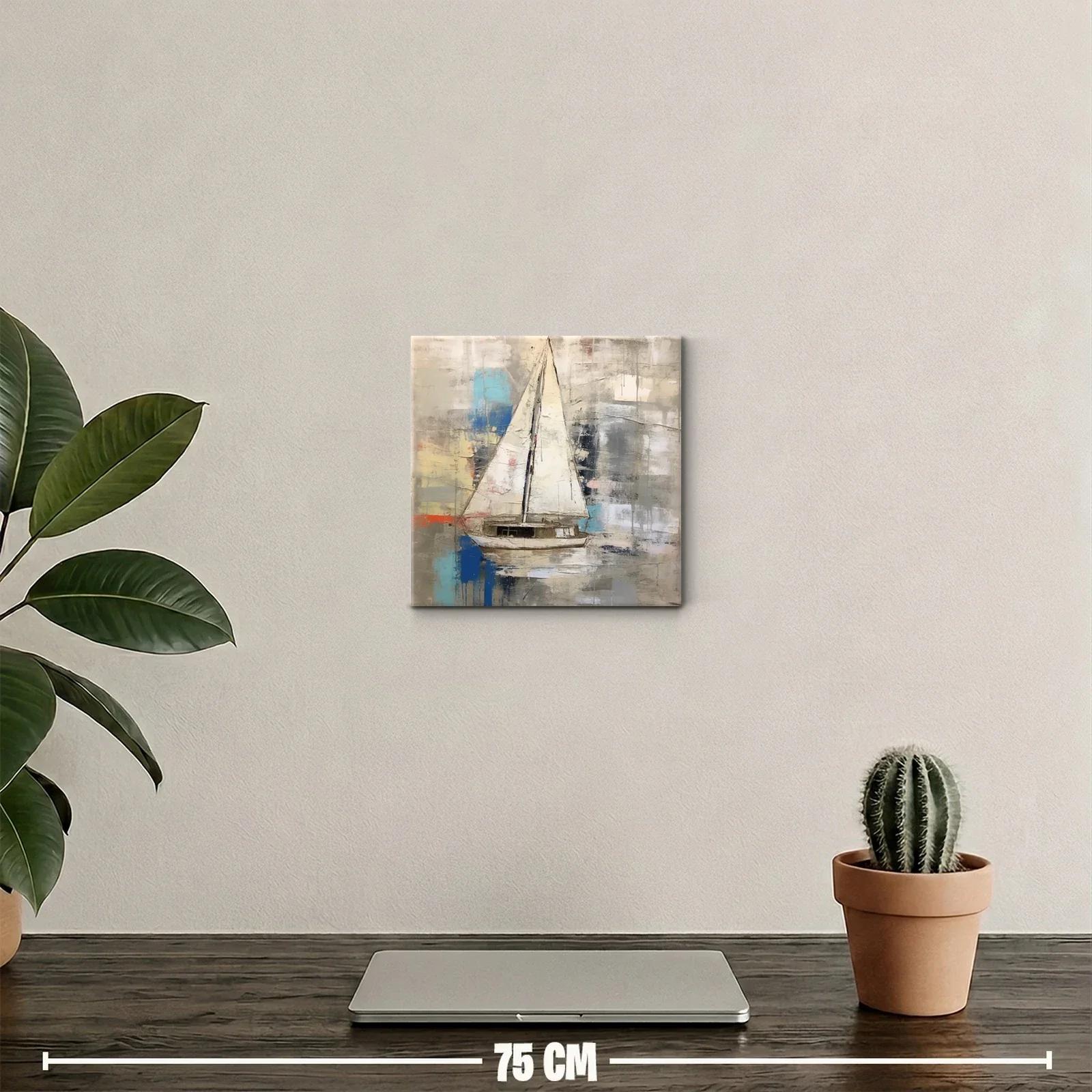 Cuadro decorativo con velero en tonos cálidos y azules — miniatura 2