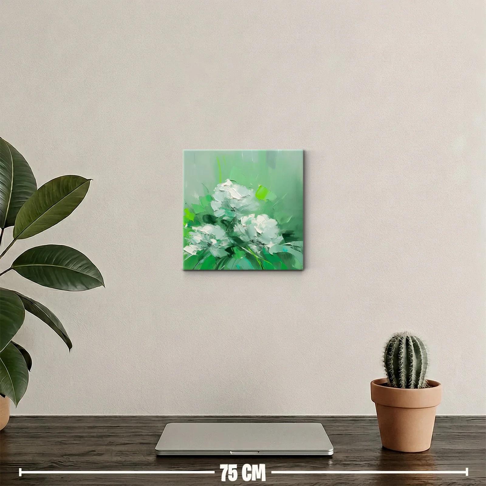 Cuadro decorativo con flores blancas sobre fondo verde — miniatura 2
