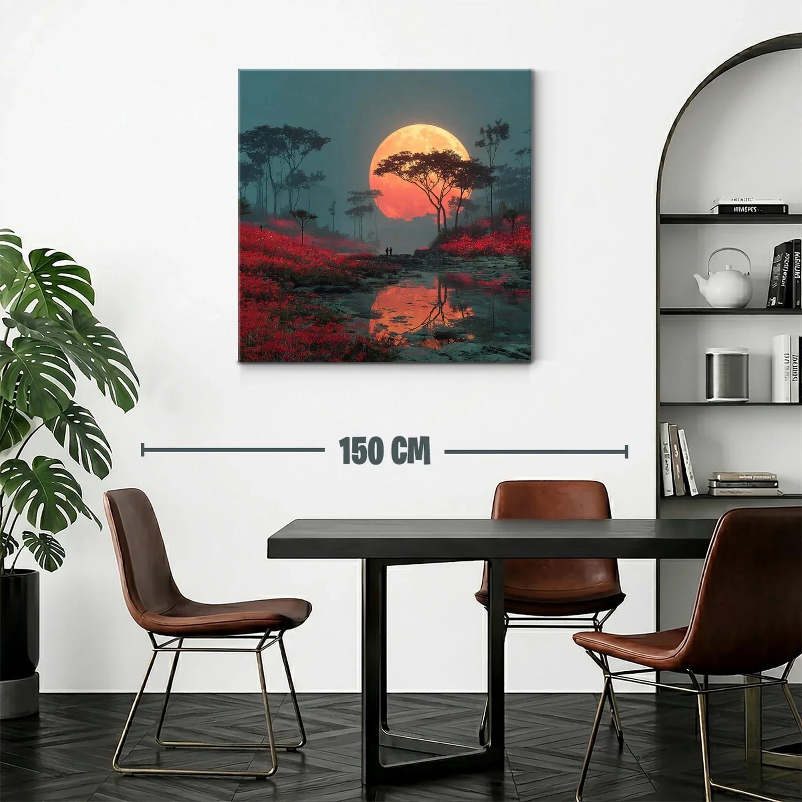 Paisaje nocturno con luna llena y campo rojo vibrante — miniatura 2