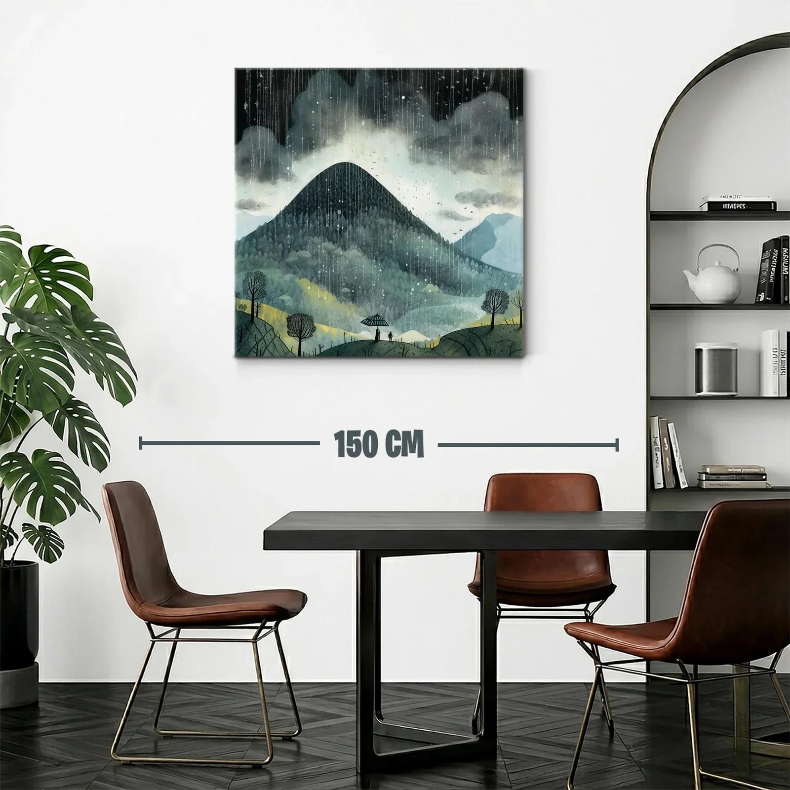 Paisaje de montaña bajo lluvia con siluetas y paraguas — miniatura 2