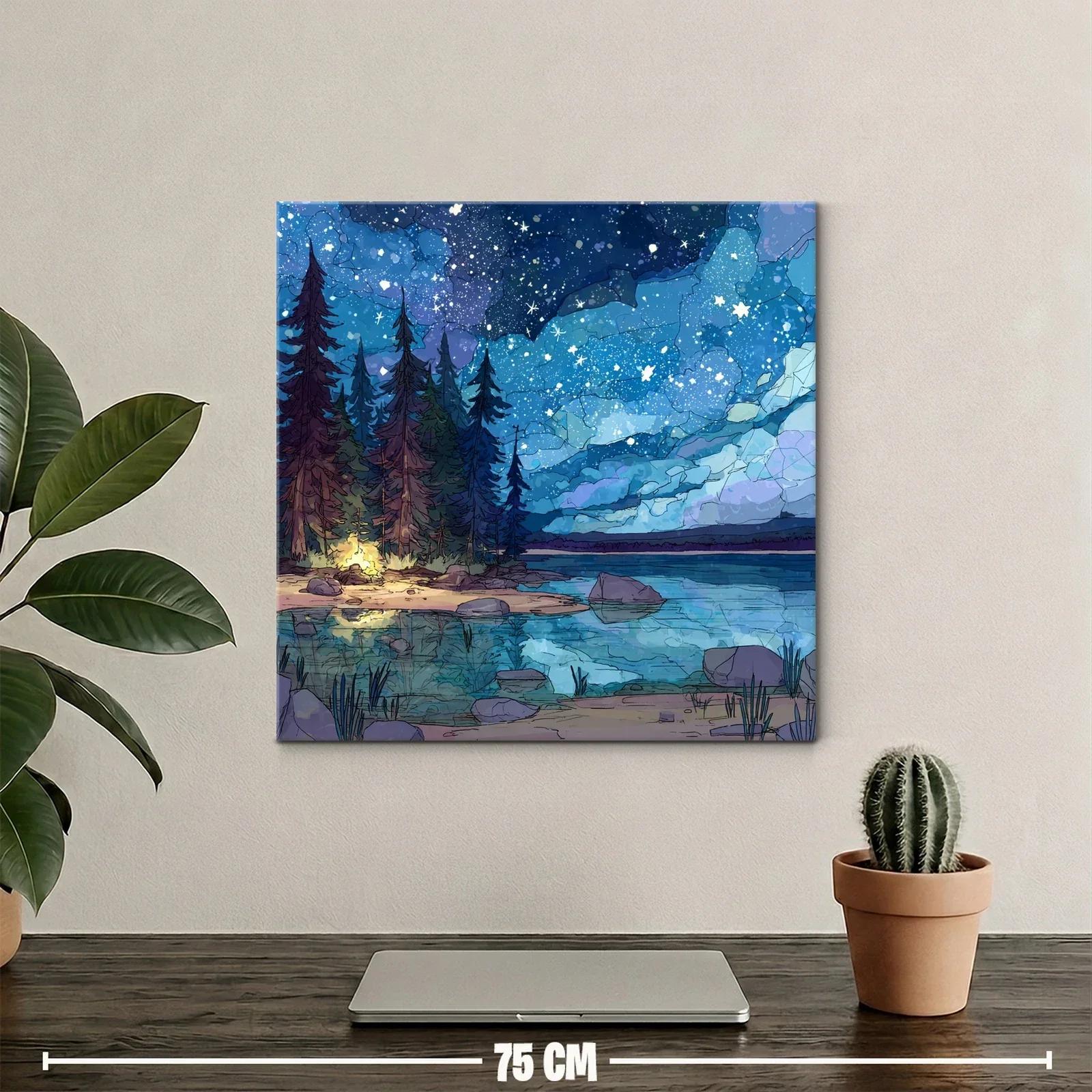 Paisaje nocturno estrellado con lago y bosque encantado — miniatura 2