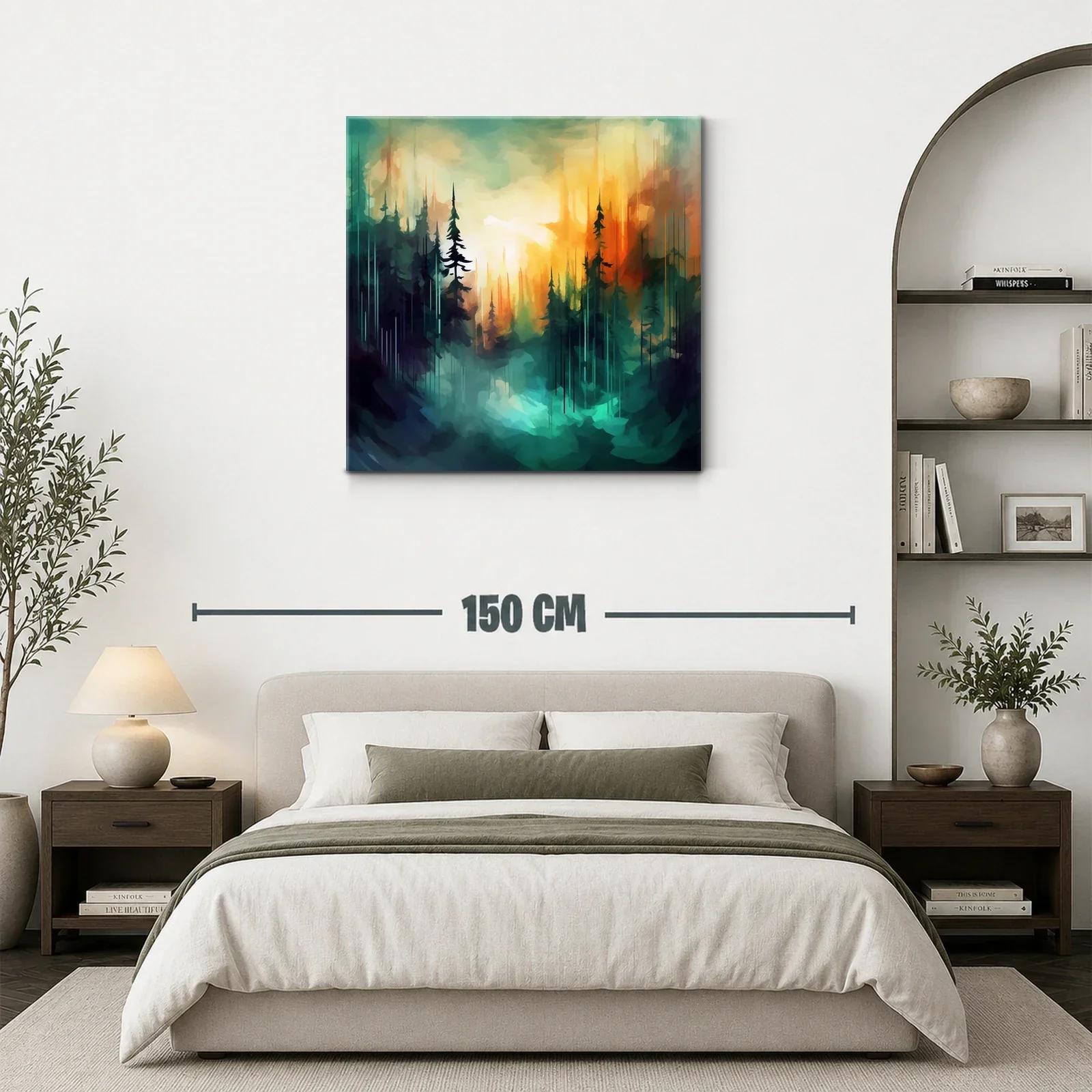 Bosque abstracto al amanecer con luces vibrantes y contraste — miniatura 3