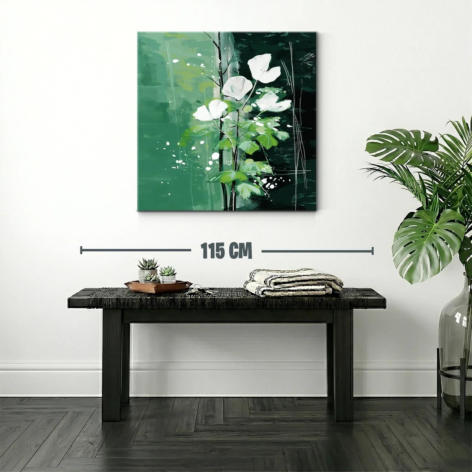 Flores blancas sobre fondo verde con toques abstractos — miniatura 2