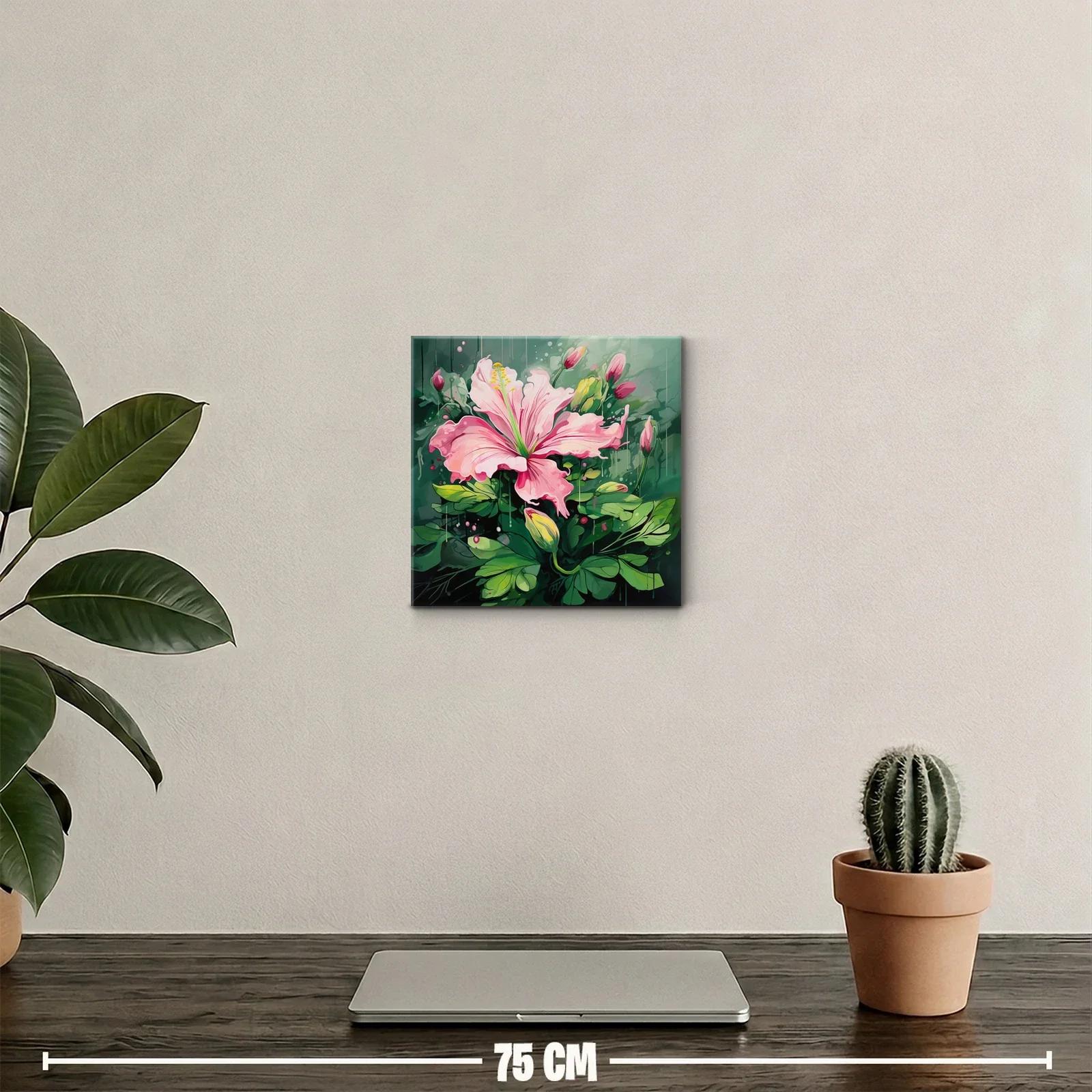 Cuadro decorativo con flor rosa y hojas verdes vibrantes — miniatura 2