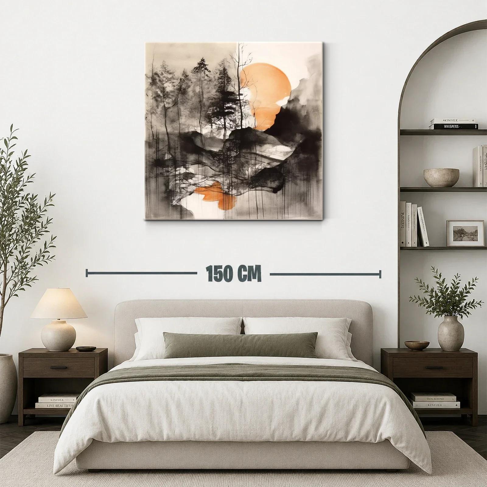 Paisaje abstracto con árboles y sol anaranjado al fondo — miniatura 3