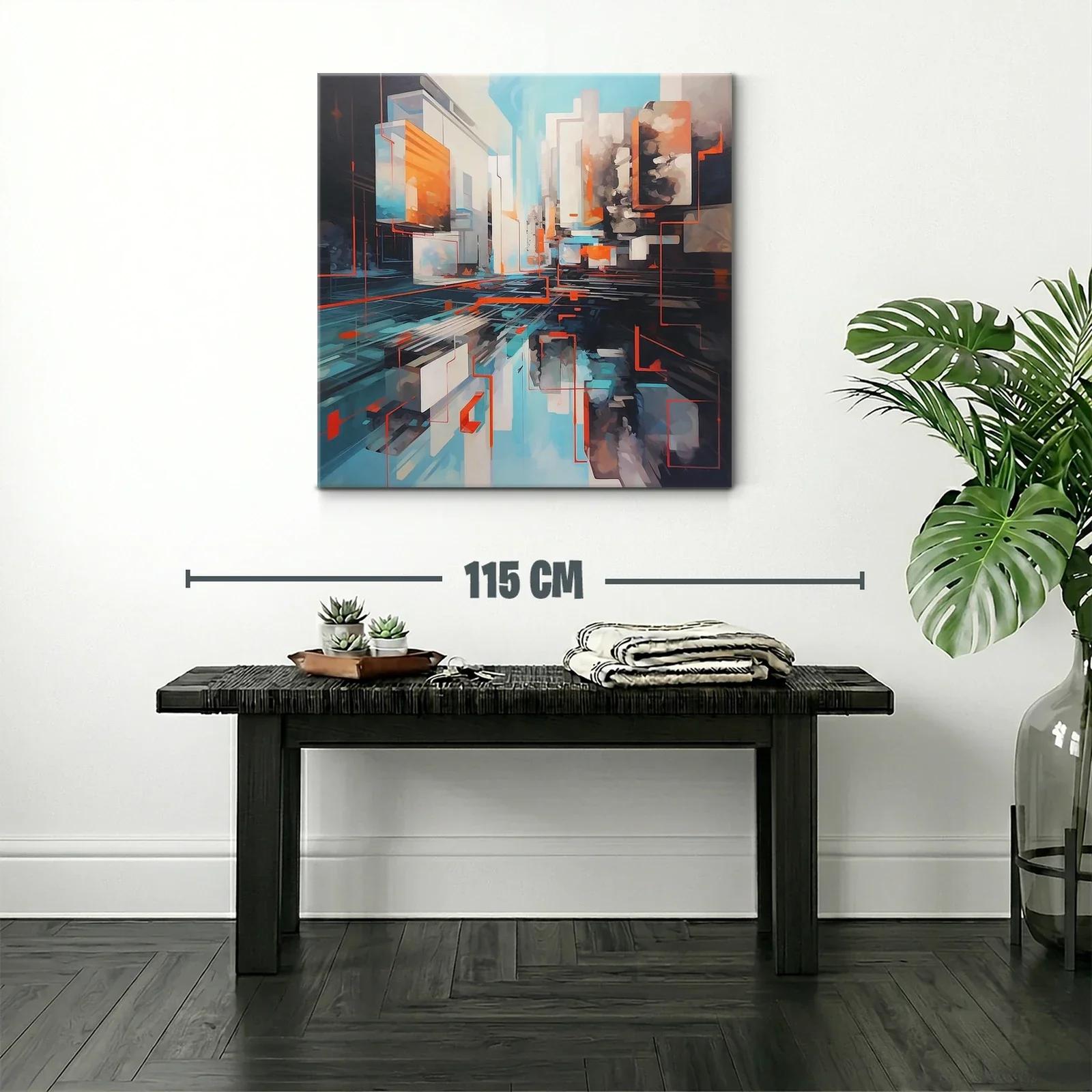 Cuadro abstracto urbano en tonos azules y naranjas vibrantes — miniatura 2