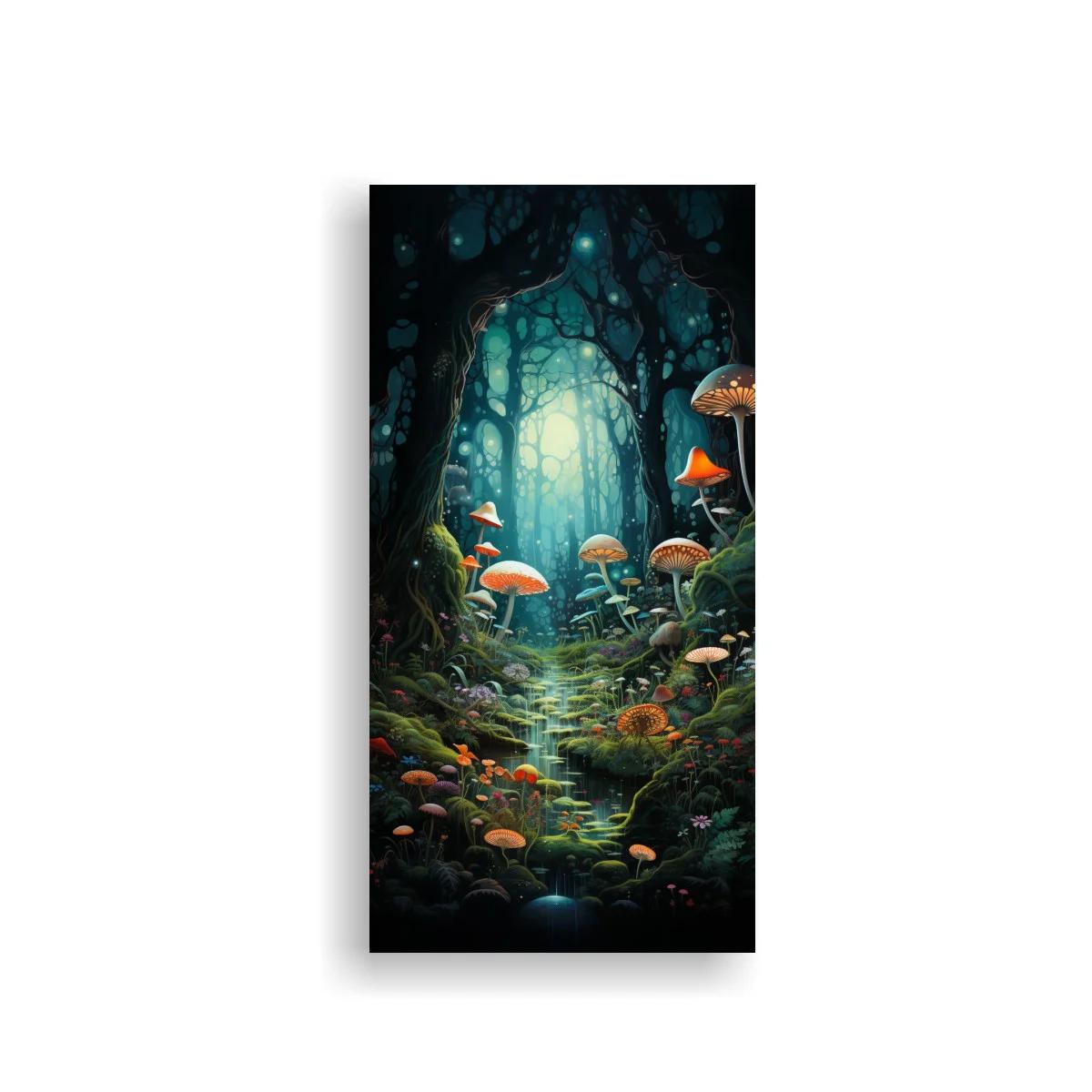 Cuadro bosque encantado con hongos naranjas y beige