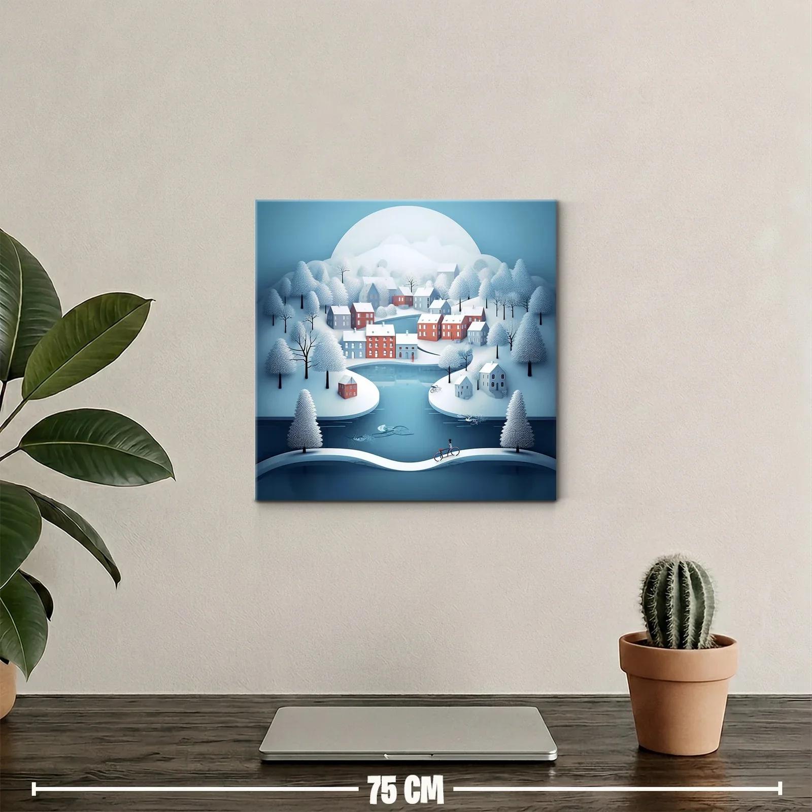 Paisaje Invernal con Pueblo y Río en Tonos Suaves — miniatura 2
