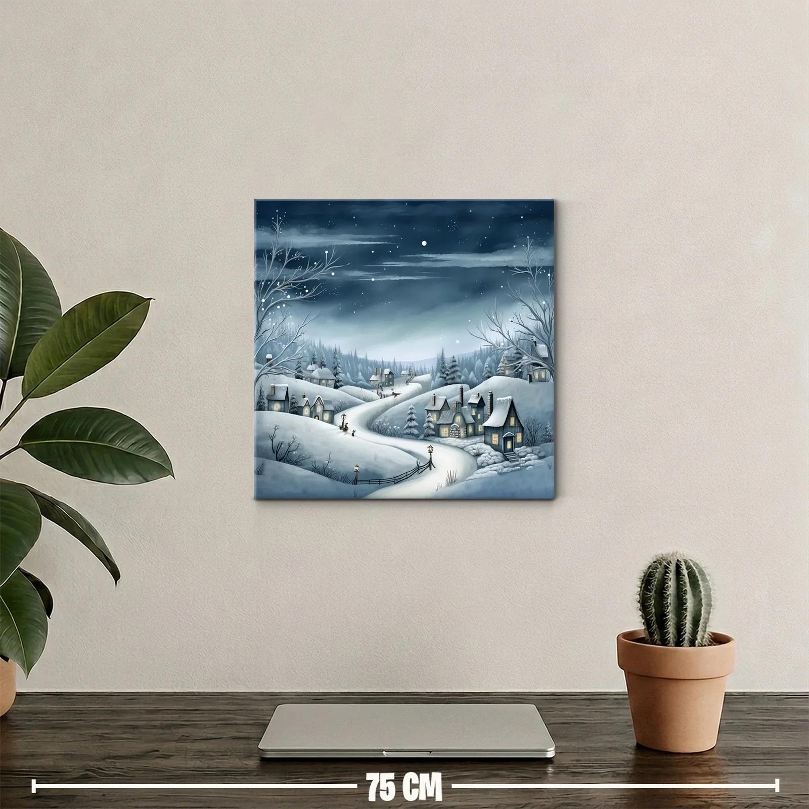 Paisaje invernal con casas y cielo estrellado nocturno — miniatura 2