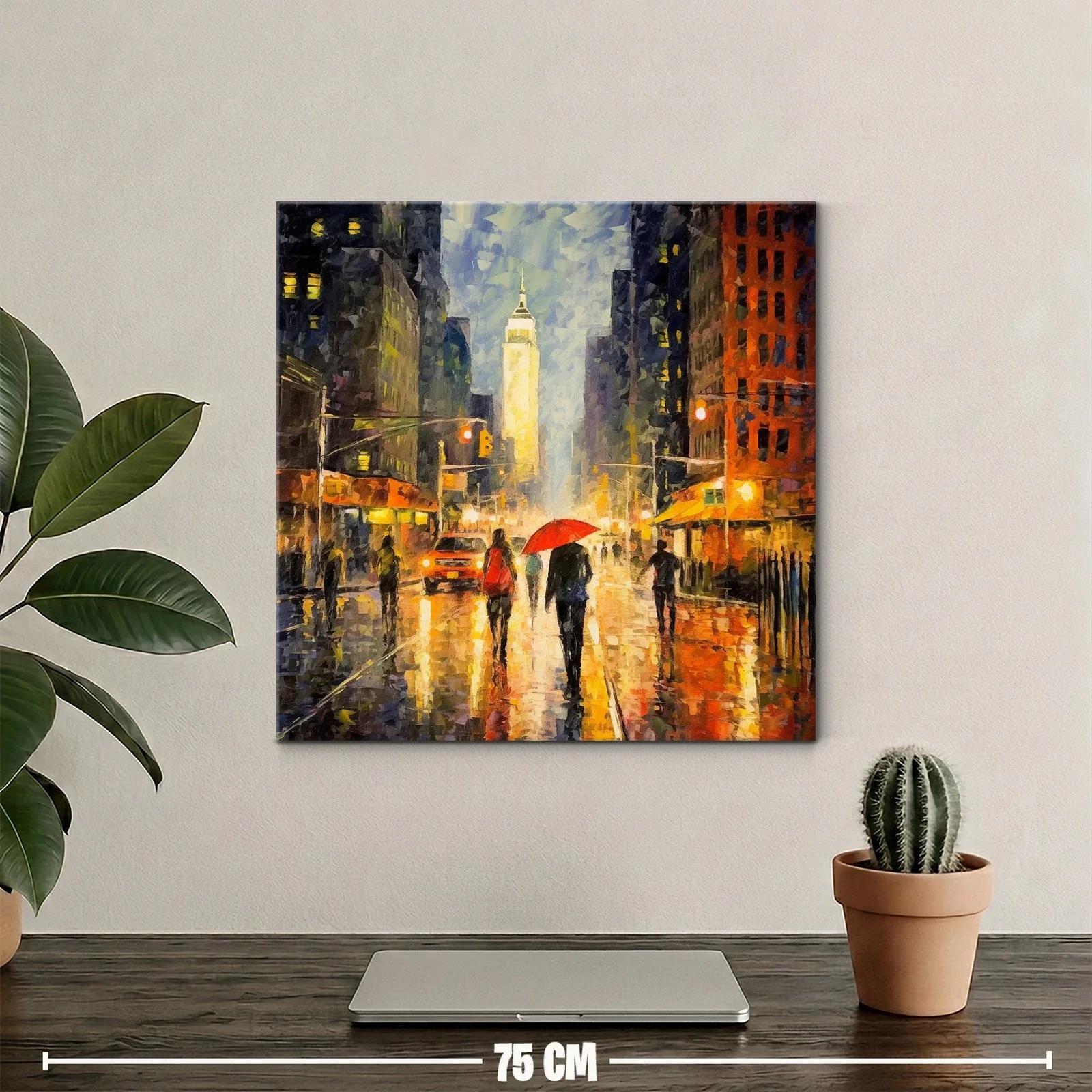 Escena urbana nocturna con paraguas rojo y luces cálidas — miniatura 2