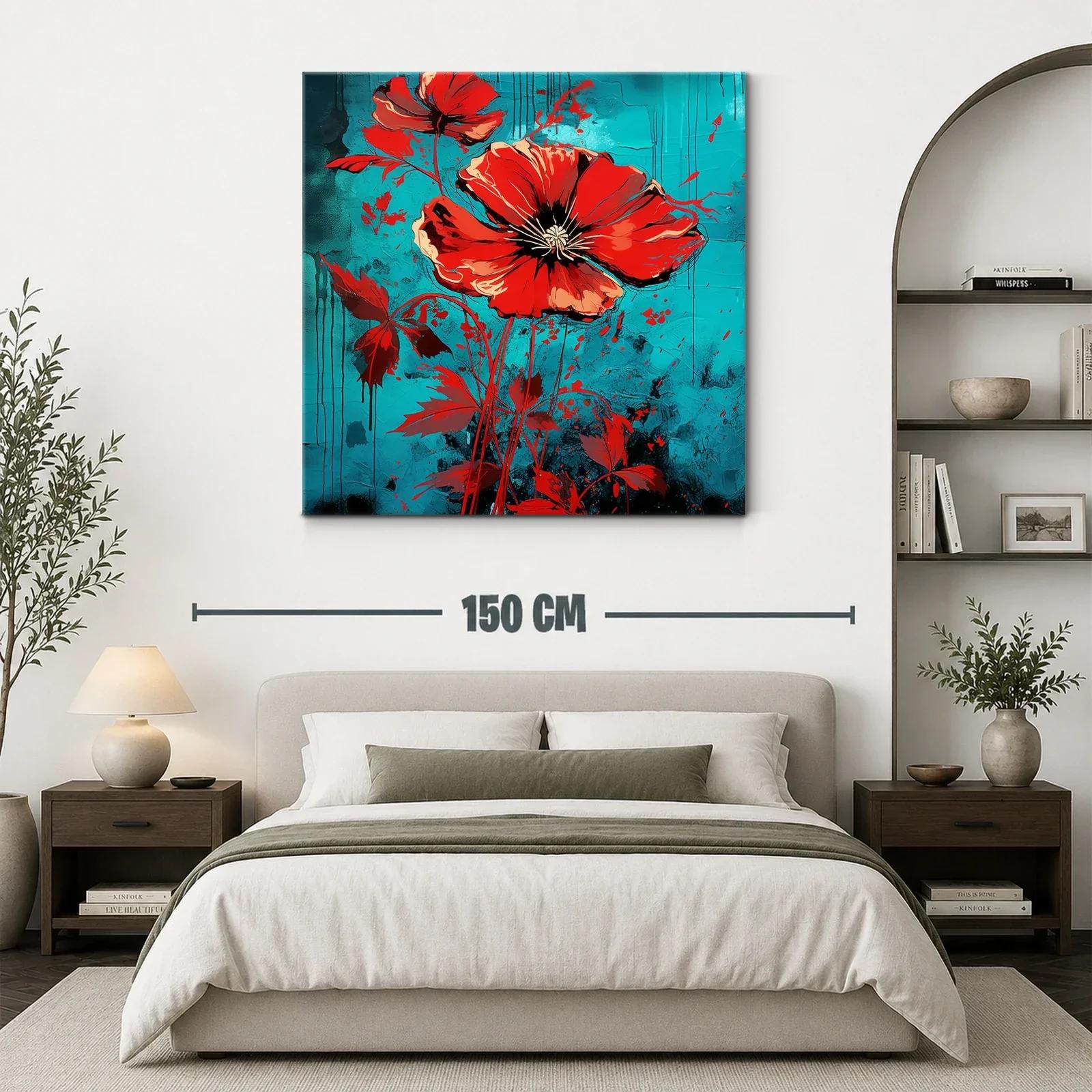 Llamativo cuadro floral con amapolas rojas y fondo azul — miniatura 3